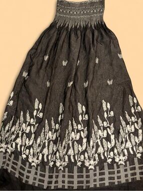 Smocked Black Maxi Dress with White Floral Border